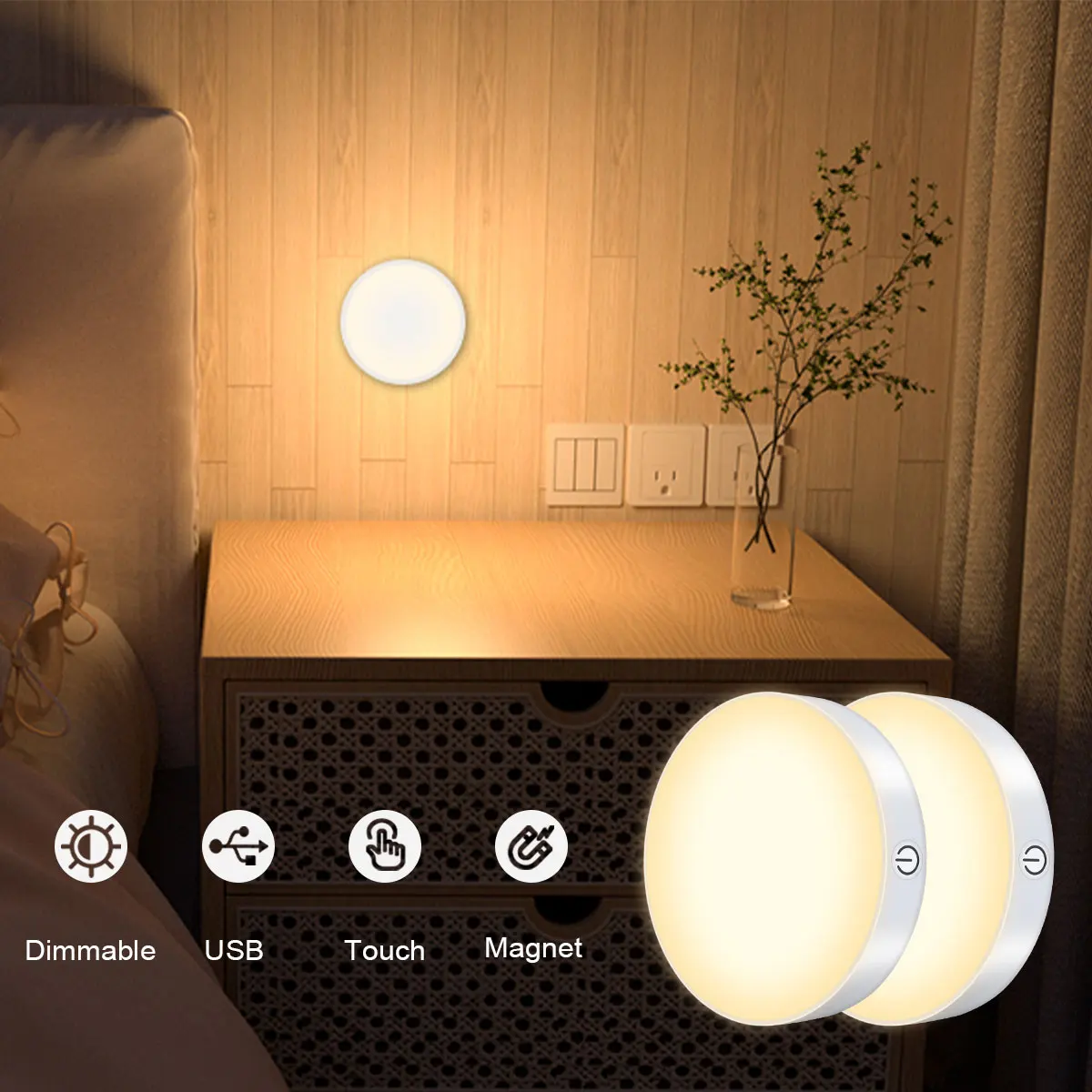 Touch Night Lights Dimmable Warm Light with USB Rechargeable Battery for Cabinet Wardrobe Kitchen Closet Bedside LED Puck Light