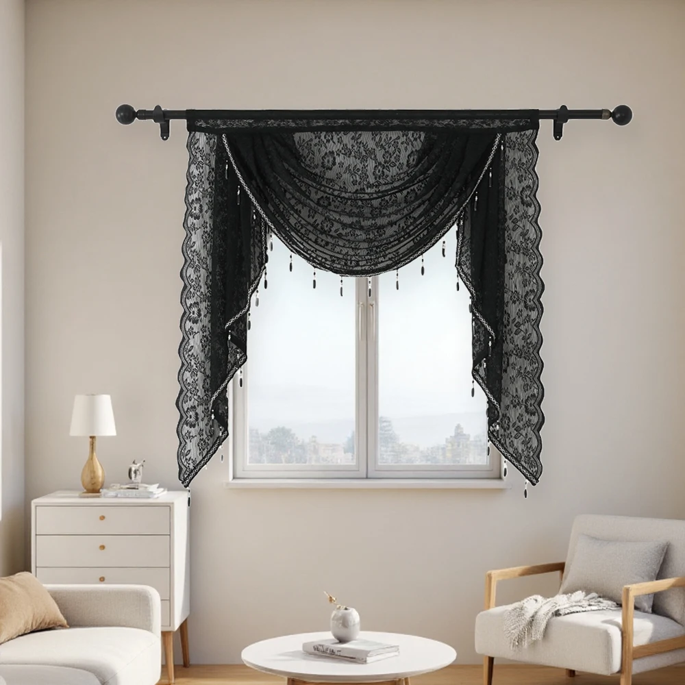 [Vintage Curtain] 1pc Semi-Sheer Polyester Vintage Style Hand-Embroidered Floral Valance Curtain | Unlined, Rod Pocket Hanging,