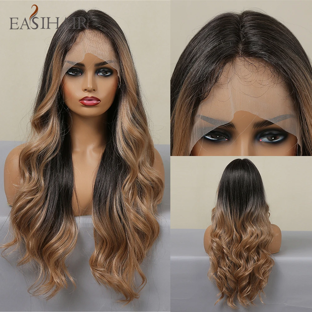 

EASIHAIR Long Wavy Synthetic Lace Wigs with Baby Hair Ombre Black Brown T Part Lace Wig for Women Daily Cosplay Heat Resistant