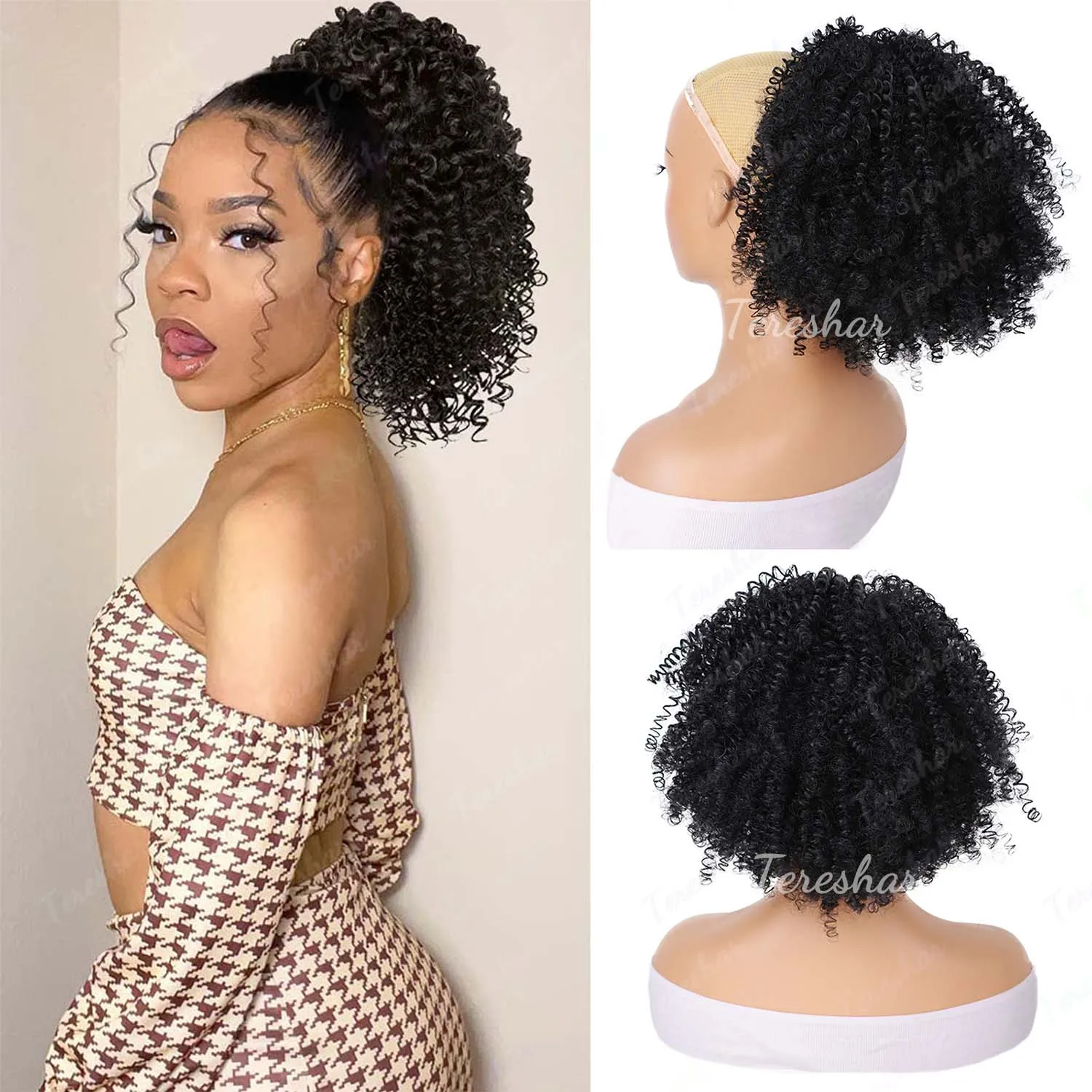 

Synthetic Short Kinky Curly Ponytail Extension for Black Women, 10inch Afro Drawstring Curly Ponytail with Two Clips