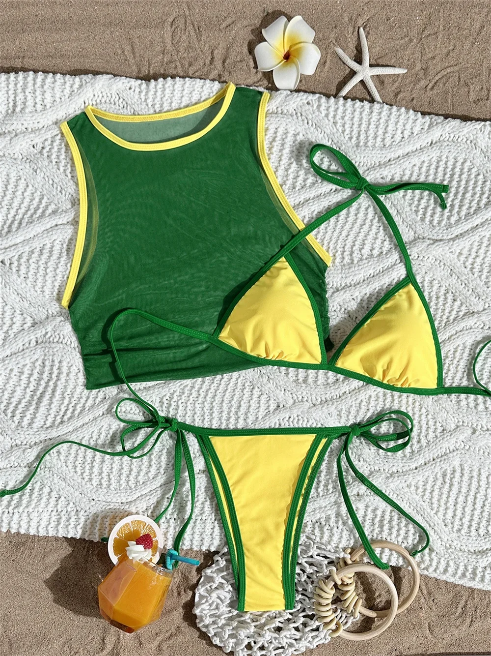 Conjunto de bikini sexy en amarillo y verde, top tipo tankini, traje de baño de microtiras transparentes, traje de baño de 3 piezas para mujer, ideal para vacaciones, traje de playa brasileño.