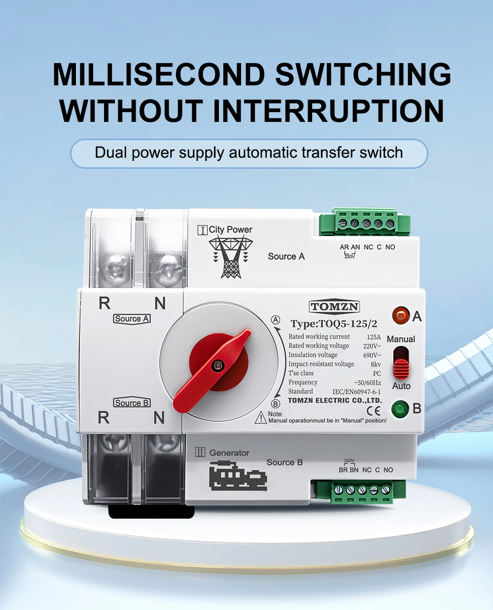 TOMZN Single Phase Din Rail ATS 220V Dual Power Automatic Transfer Electrical Selector Switches Uninterrupted 2P 63A 100A 125A