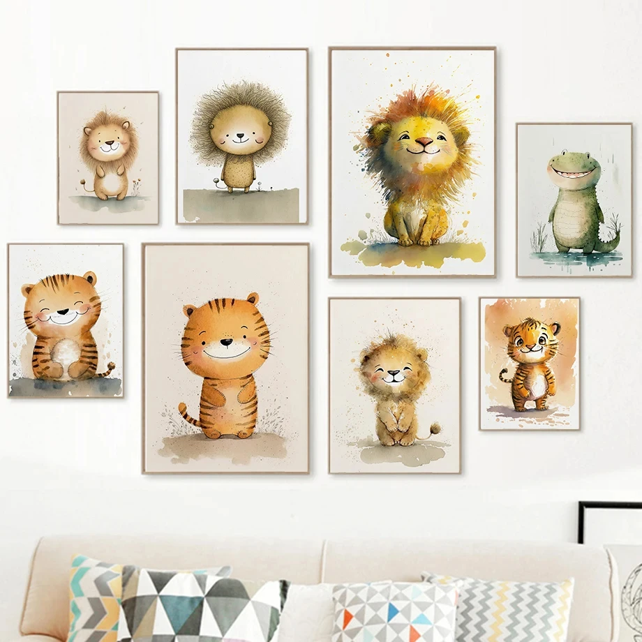 Smiling Little Lion Baby Crocodile Tigerling watercolour Children's Room Fashion Wall Art Canvas Painting Nordic Poster Decor