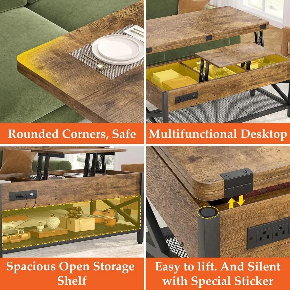 Coffee Table Lift Top with LED Light and Power Outlet, Multi-Function Coffee Table Converts to Dining Table, Center Table with