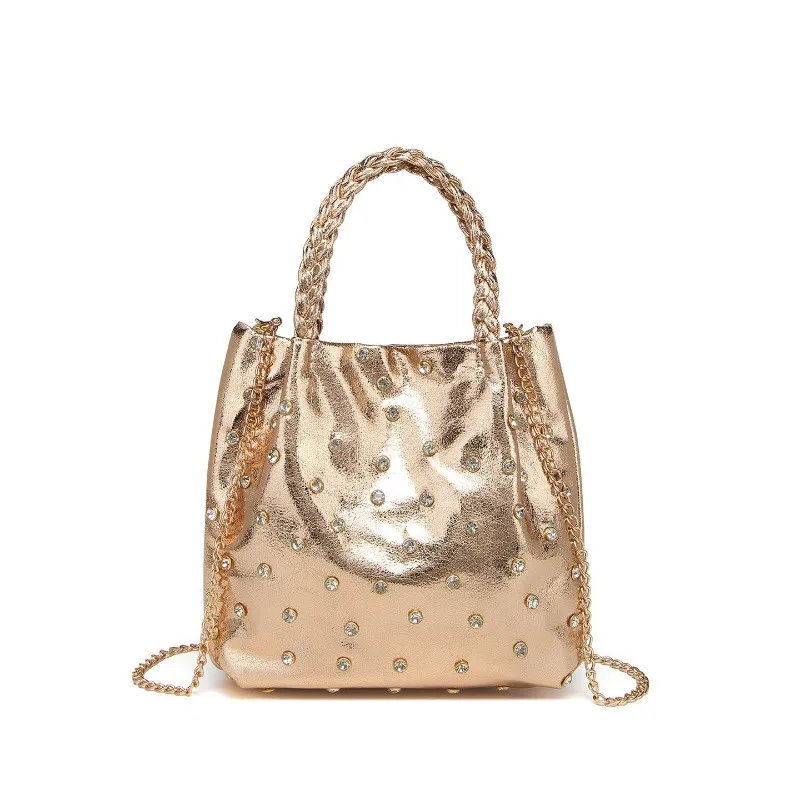Glossy Metallic Handmade Diamond-encrusted Small Bag, Woven Hand Strap Design Sense Evening Bag Summer New Temperament Commuting