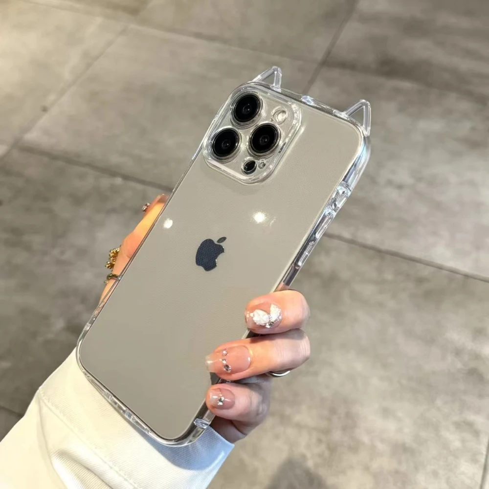 Coque de téléphone transparente avec oreilles de chat 3D, étui arrière souple antichoc pour iPhone 16 15 14 13 12 11 Pro Max 7 8 Plus X XR XS MAX SE20