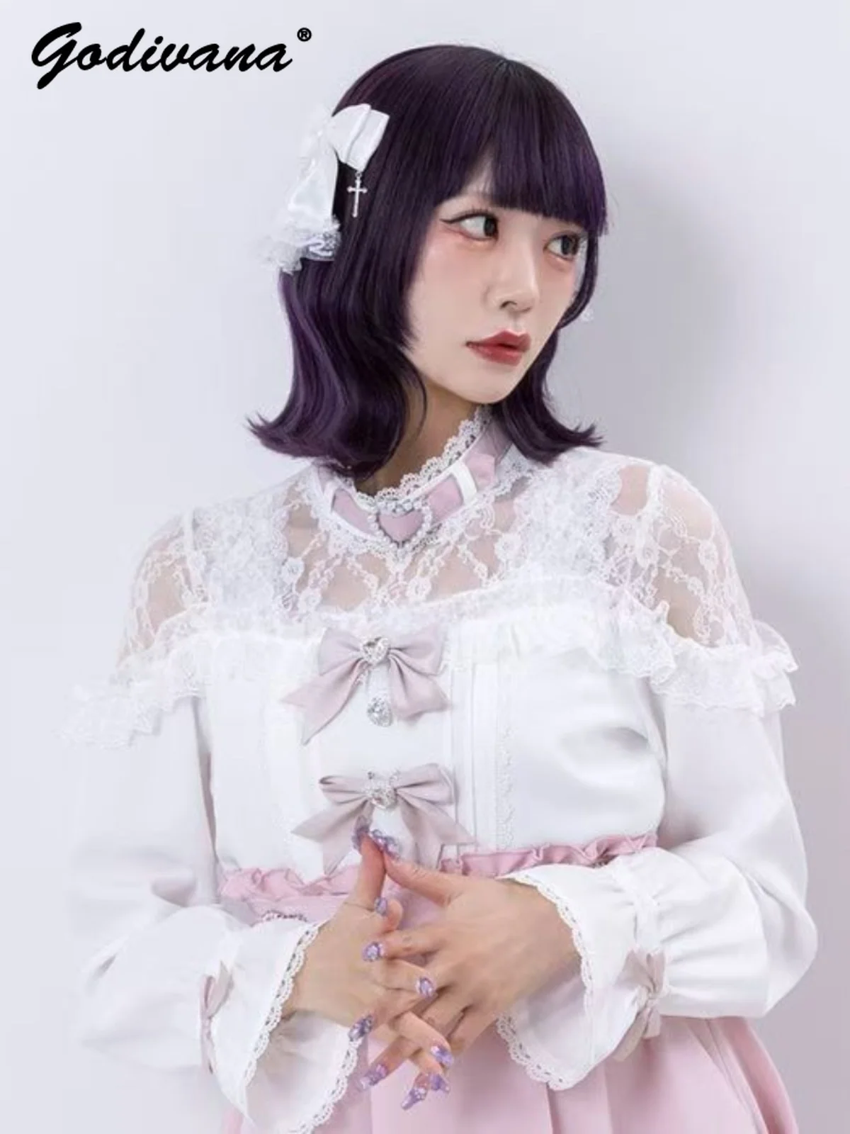 Japanische Mine Serie Massen produktion Lolita Bogen Liebe Spitze Spleißen Langarmhemd neue Frühjahr und Herbst Damen Bluse Tops