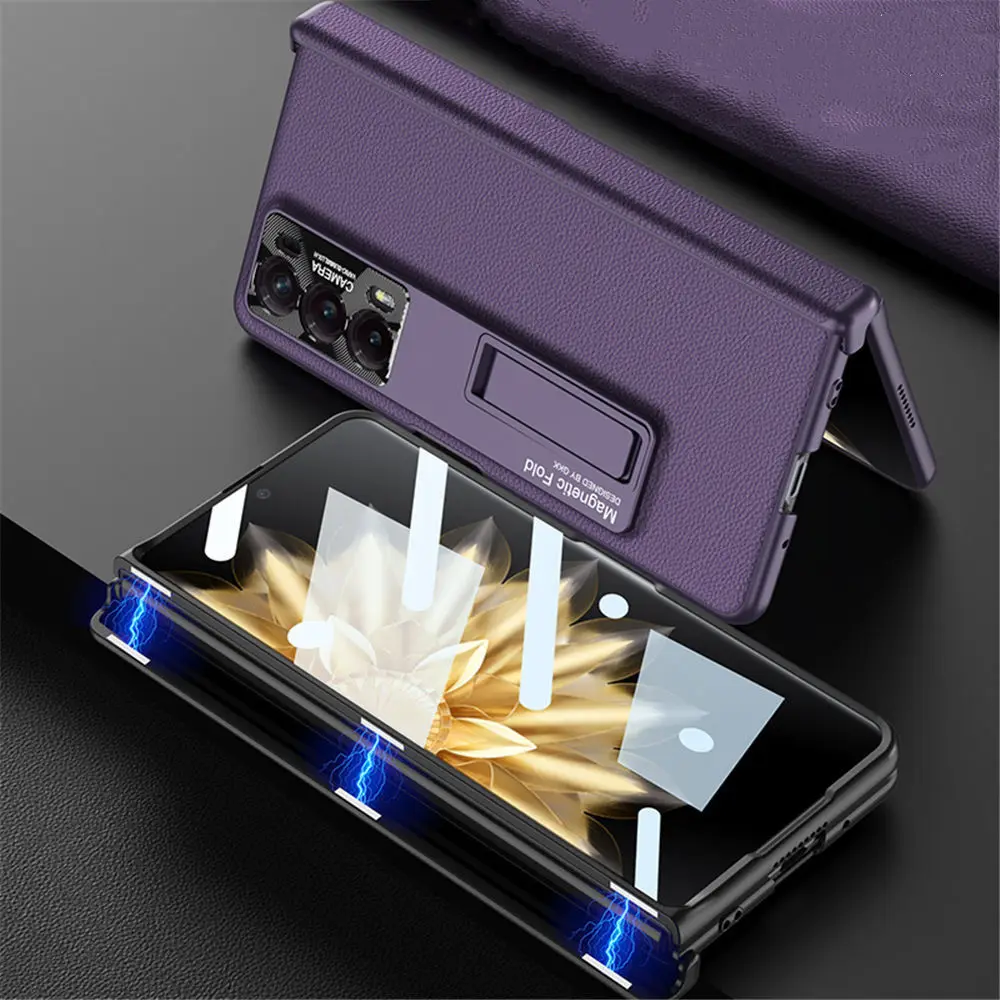 Slim PU Leather Case For Honor Magic V2 Magnetic Folding Bracket Hinge Glass Film Cover