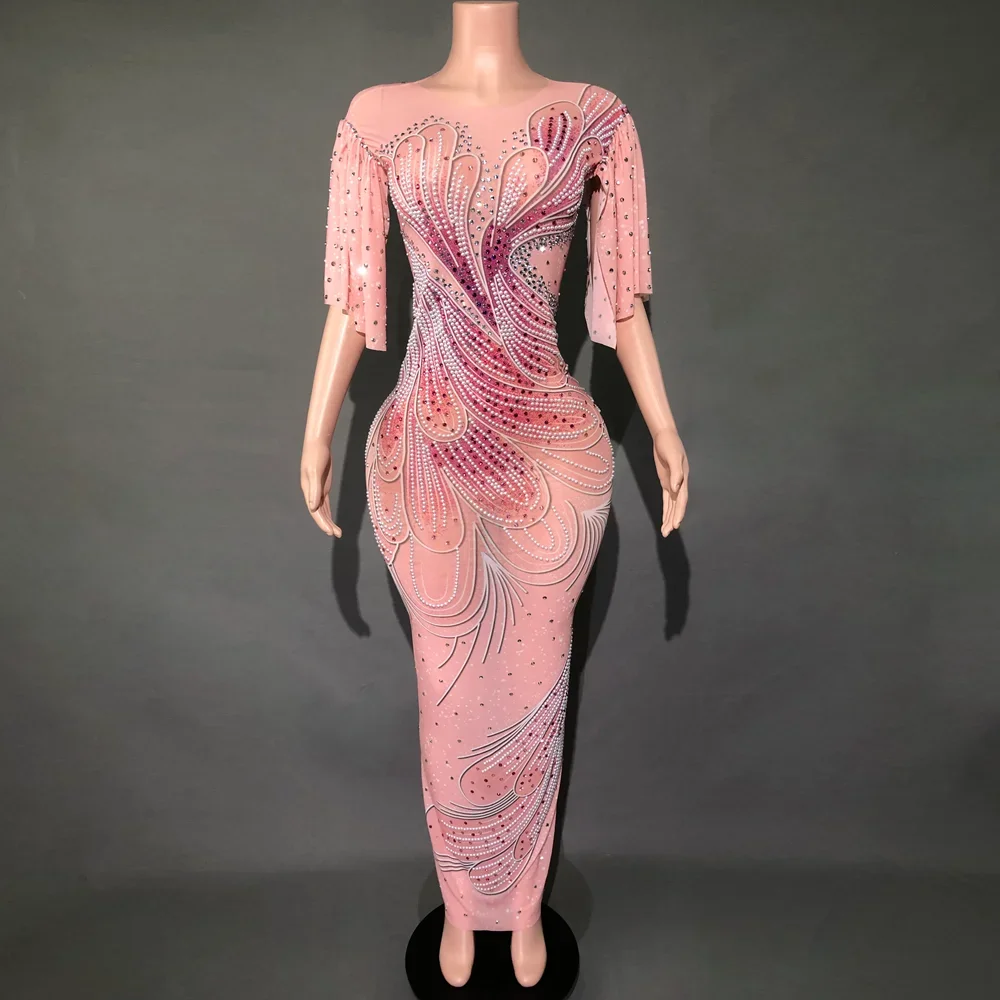 

Elegant Rhinestones Pearls Long Dress for Women Wedding Birthday Celebrate Evening Prom Dress Photo Shoot Wear