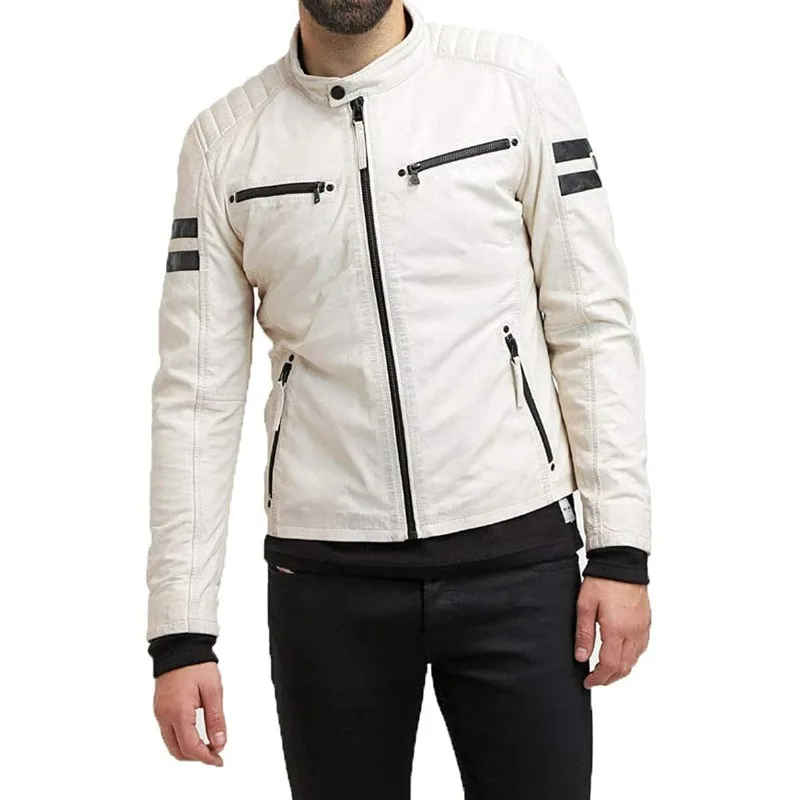 

URBAN Men's Authentic Lambskin Leather Jacket Biker White High Quality Club Wear