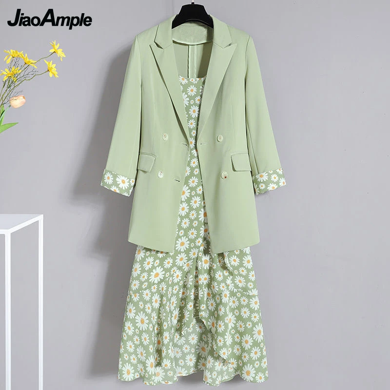 

M-4XL Women's Spring Summer Elegant Blazer Dress Two Pieces Set 2022 Korean Office Lady Graceful Daisy Suit Coats Sling Dresses