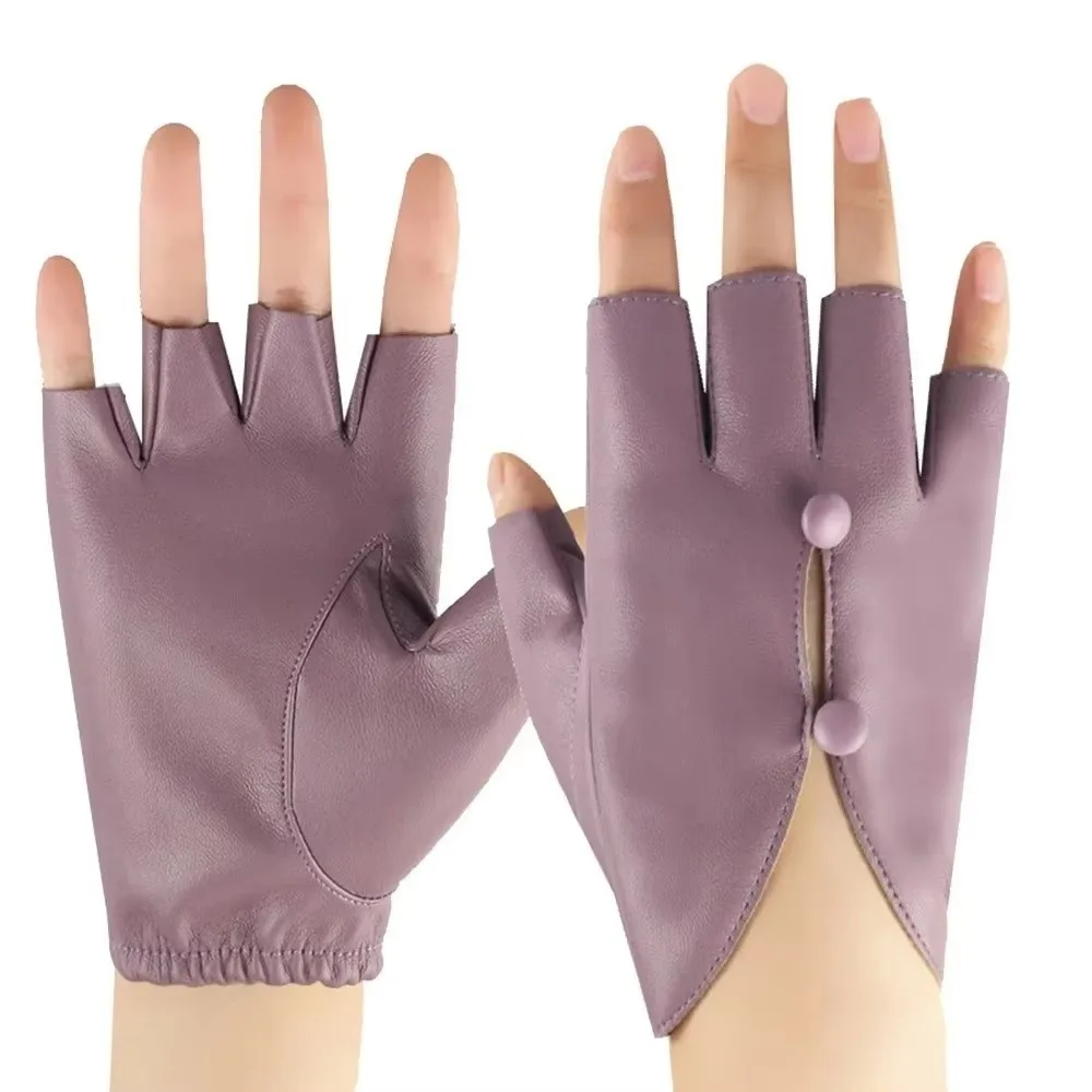 PU Leather Half-Finger Gloves Open-Finger Design Fashion Design Fingerless Gloves Anti-Slip Button Hole Driving Gloves