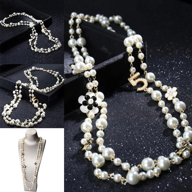 1pc Pearl Necklace Long Multi-layers 5 Characters Small Fragrance Pendant Accessories Decoration Chain Fashion Necklace