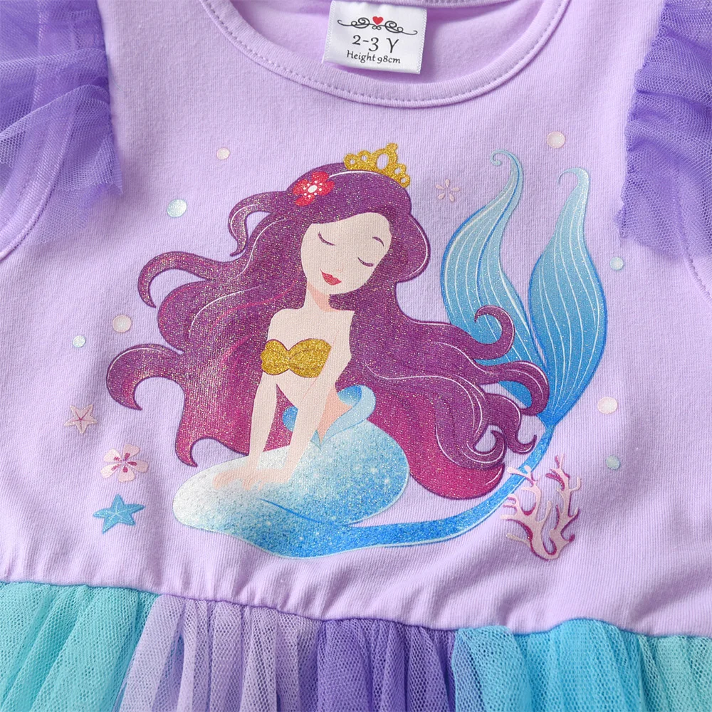 VIKITA Kinder Lila Meerjungfrau Cartoon Kleid Mädchen Trompetenärmel Prinzessin Mesh Tüll Geburtstag Party Schule Freizeitkleider Kinderkleidung – Detail 4