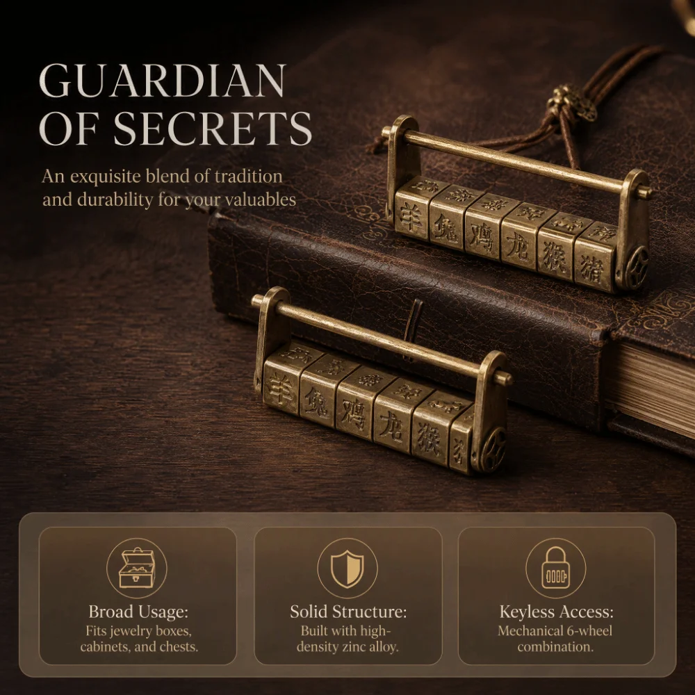 Antique Zinc Material Password Lock Traditional Style Decorative Craft Antique Decoration Lock 6 Wheel Coded Lock