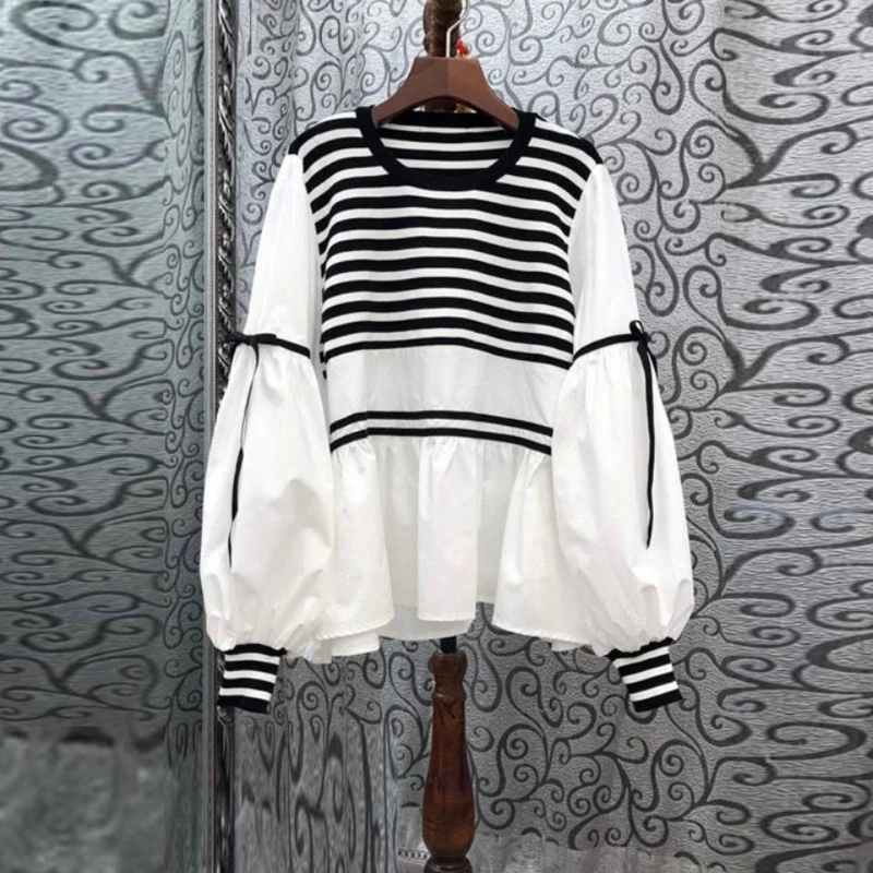 Loose Blouse O Neck Puff Sleeve Black White Striped Shirts Women Casual Tshirt Lace Up Contrast Pullovers Hoodies Blusas Mujer