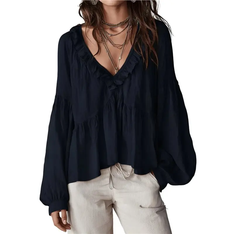 

CYL-Women's Ruffel Trim Peplum Tops Blouses Long Puff Sleeve Deep V Neck Ruffled Babydoll Tops