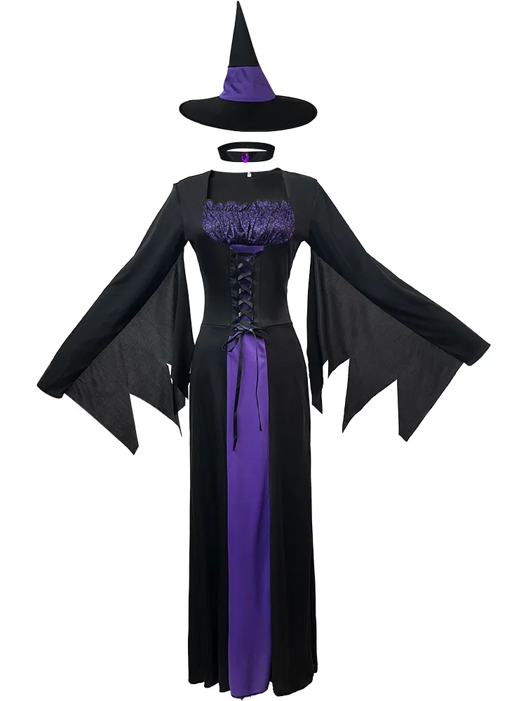 مثير الساحرة القوطية تأثيري ازياء الكبار دور اللعب الأرجواني هالوين كرنفال حفلة أداء الملابس فستان مع قبعة