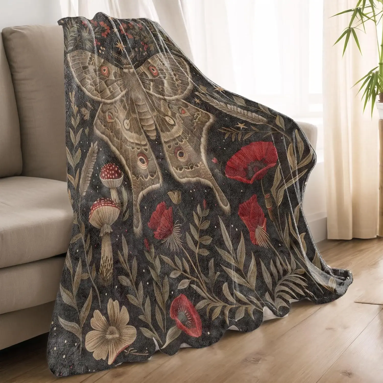 Luxurious Gothic Moth Tapestry Throw Blanket Autumn Floral Nature Wall Decor Home Accent Cozy Fall Season Art