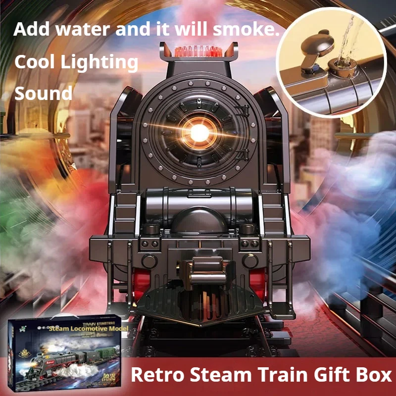 

Классический железнодорожный локомотив, ретро-паровоз, набор для сборки электрической железной дороги с имитацией звука, дыма и света, игрушка для детей, подарок