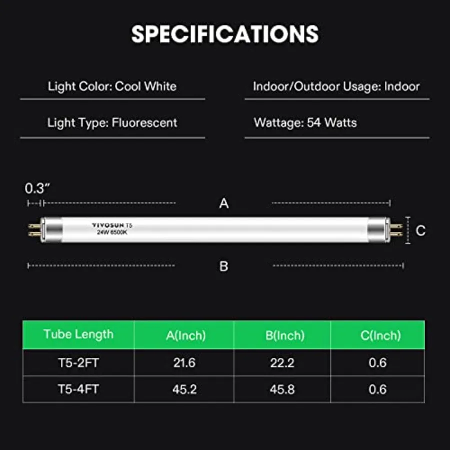 T5 Grow Light Bulbs Inch W 6500K HO Fluorescent Tubes Light Bulbs Cool White T5 Bulb for 22 Inch T5 Light Fixtures T5 Grow Ligh