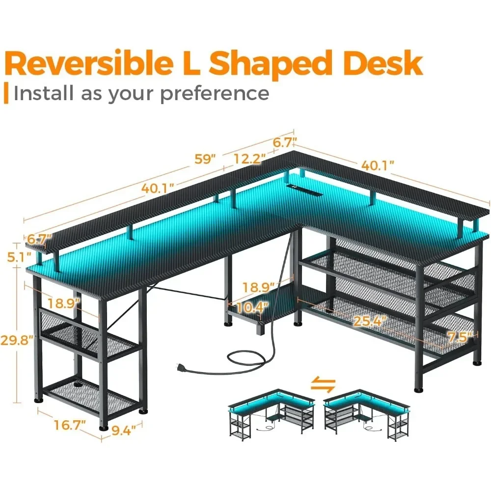 Gaming Desk 59" L Shaped with Power Outlet and LED Lights, with USB Ports with Storage Shelves & Monitor Stand Gaming Table