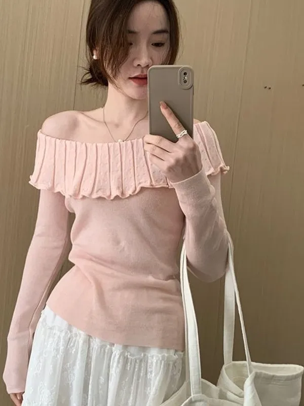 

Sweet Style Ruffle Sleeve Knitted Sweater Women's Slim Fit Shoulder Bared Doll Collar Spring Autumn New Style Soft Top
