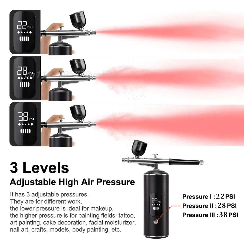 Portable Airbrush Kit Cordless Air Compressor With Digital Display 3 Adjustable Pressure For Nail Makeup Cake Paint