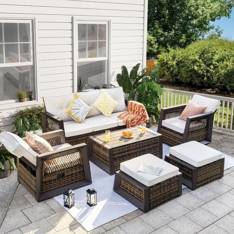 

Patio Furniture with Aluminum Frame, Wicker Recliner Chairs with Ottomans, Modern Outdoor Conversation Set Sectional Sofa