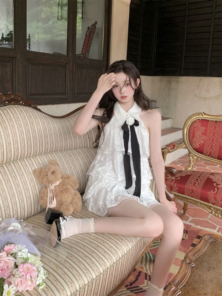 Hikigawa Lace Embroidery Cake Women Dress All Match Off Shoulder Dresses Chic Fashion Bow Patchwork Elegant Vestido De Mujer