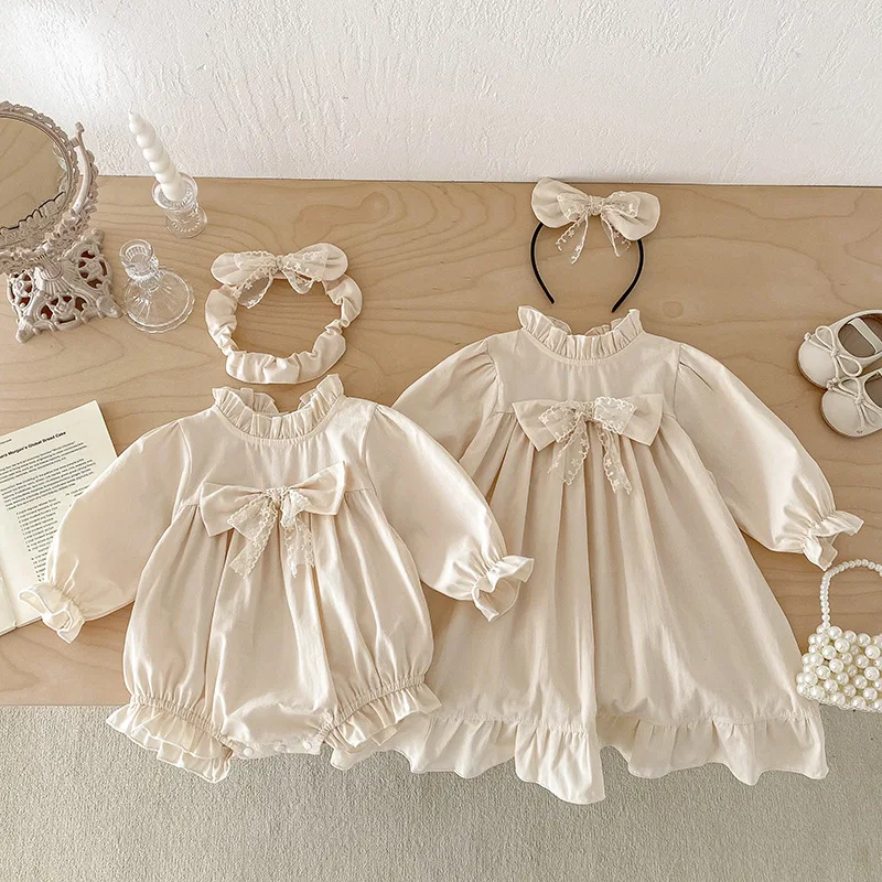 

2025 Autumn Baby Girls Princess Outfit Triangle Romper + Bow Dress Set Long Sleeve Sister Matching Clothes 0-24 Months​