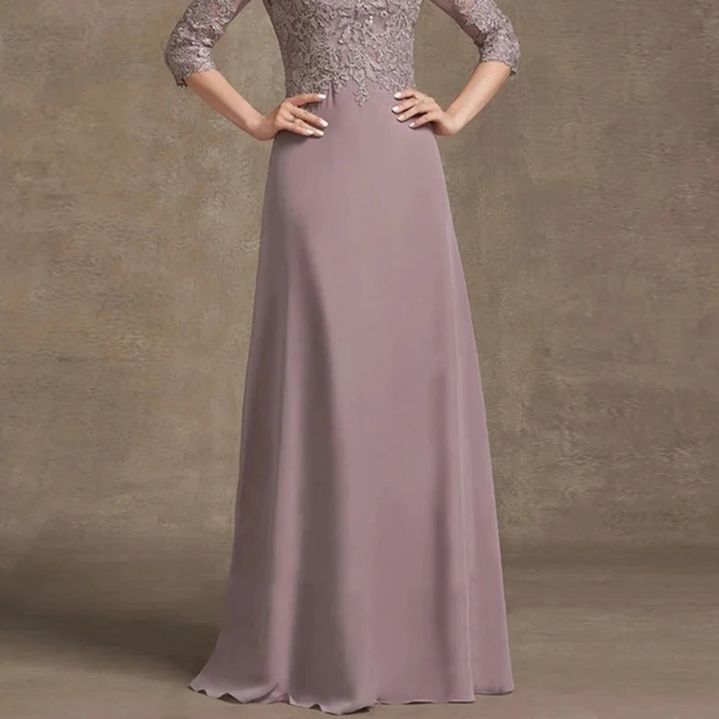 エレガントなライラックの花嫁の母ドレス レース装飾イブニングドレス 半袖シフォン フォーマルガウン 結婚式のゲストドレス用