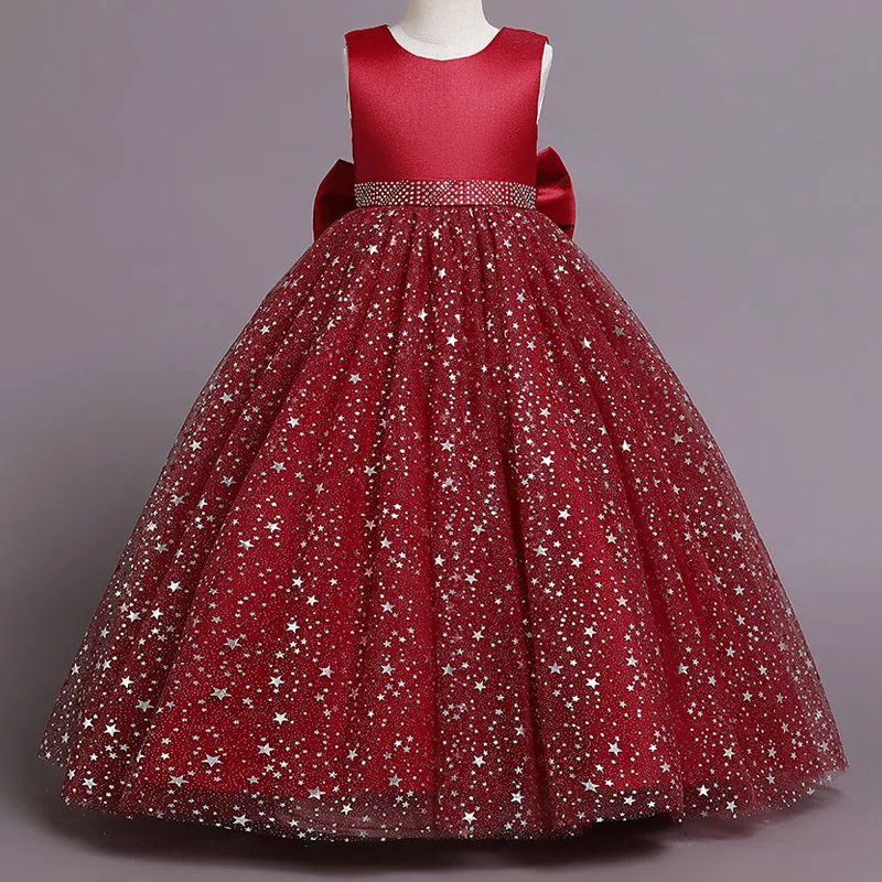 long star sequined flower girl wedding bridesmaid elegant princess evening party catwalk puffy dress 3-12 year