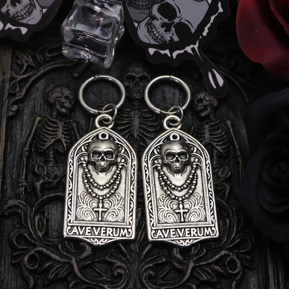 Y2K Gothic Skull Cross Hoop Earrings Dark Aesthetic Unisex Millennium Punk Tag Earrings for Men Women Halloween Decorations