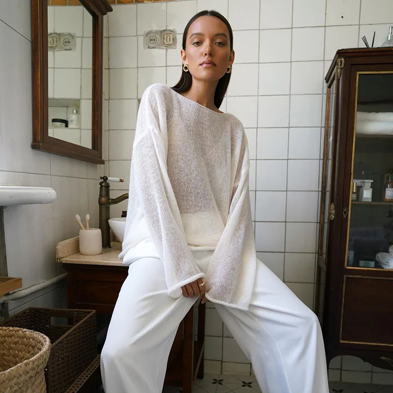 Pull Amissié Blanc et Marron pour Femme, Vêtement Sexy, Épicé, Col Rond, Manches Évasées, Printemps Été, MY0106