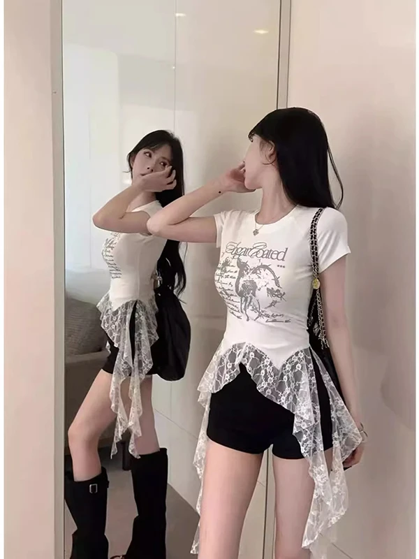 

plus Size Lace Splice ort Sve T-irt Women's Summer Print Irregular Top Korean Sle Commute Wind Moisture ng