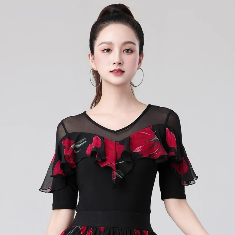 Summer New Women's Latin Ballroom Dance Tops Waltz Rumba Samba Latino Dance Performance Wear Line Dance Practice Clothes XH529