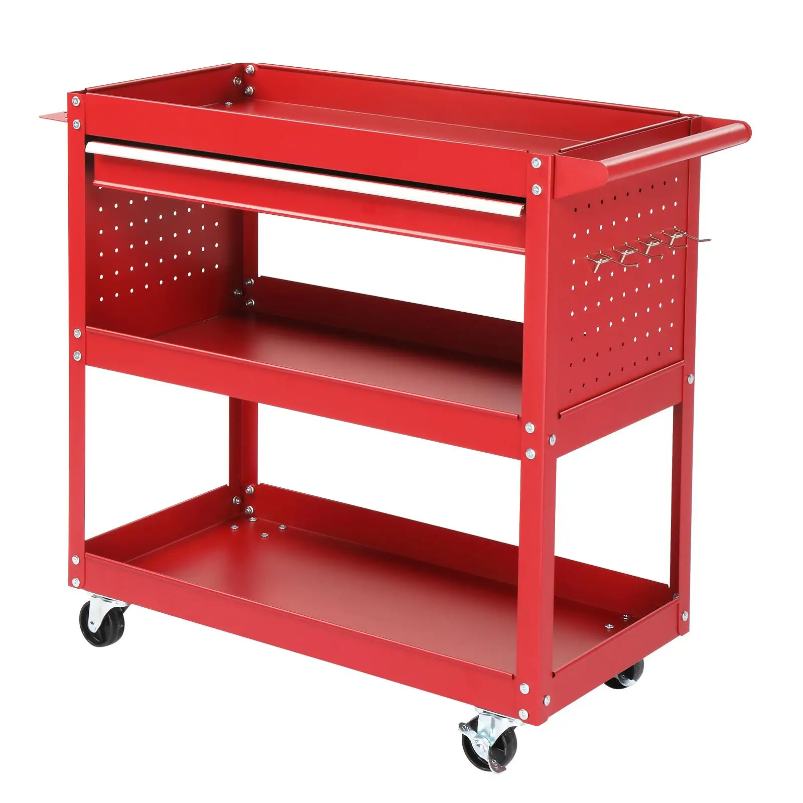 3-Tier Heavy Duty Rolling Tool Cart with Pegboard & Hooks - 330 lb Metal Utility Cart for garage & Workshop in Red