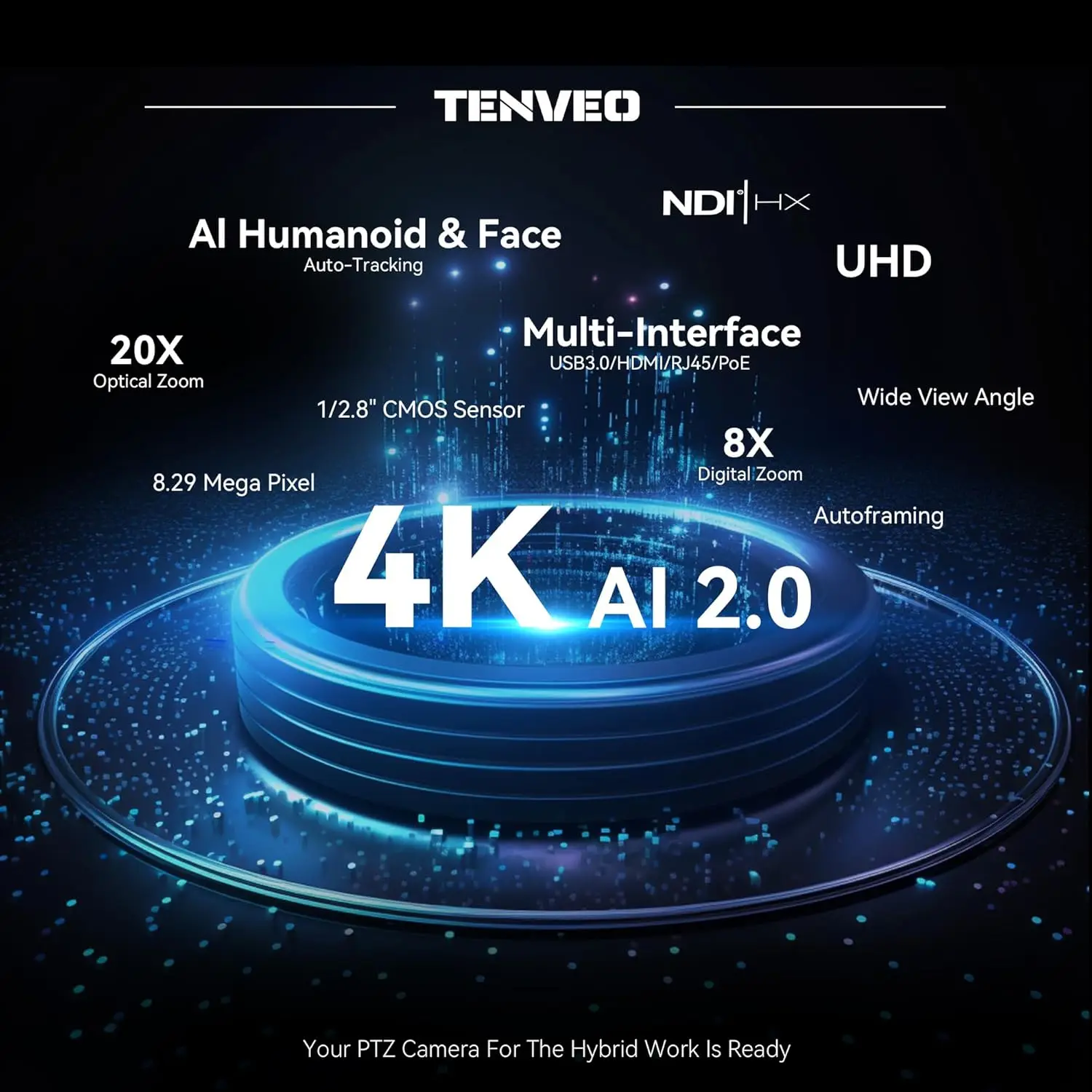Tenveo 2 VL20U PTZ 4K Conference Camera AI Tracking 20X Optical with 7 Inch 4-Split-LCD 4D Joystick Controller for PTZ Camera