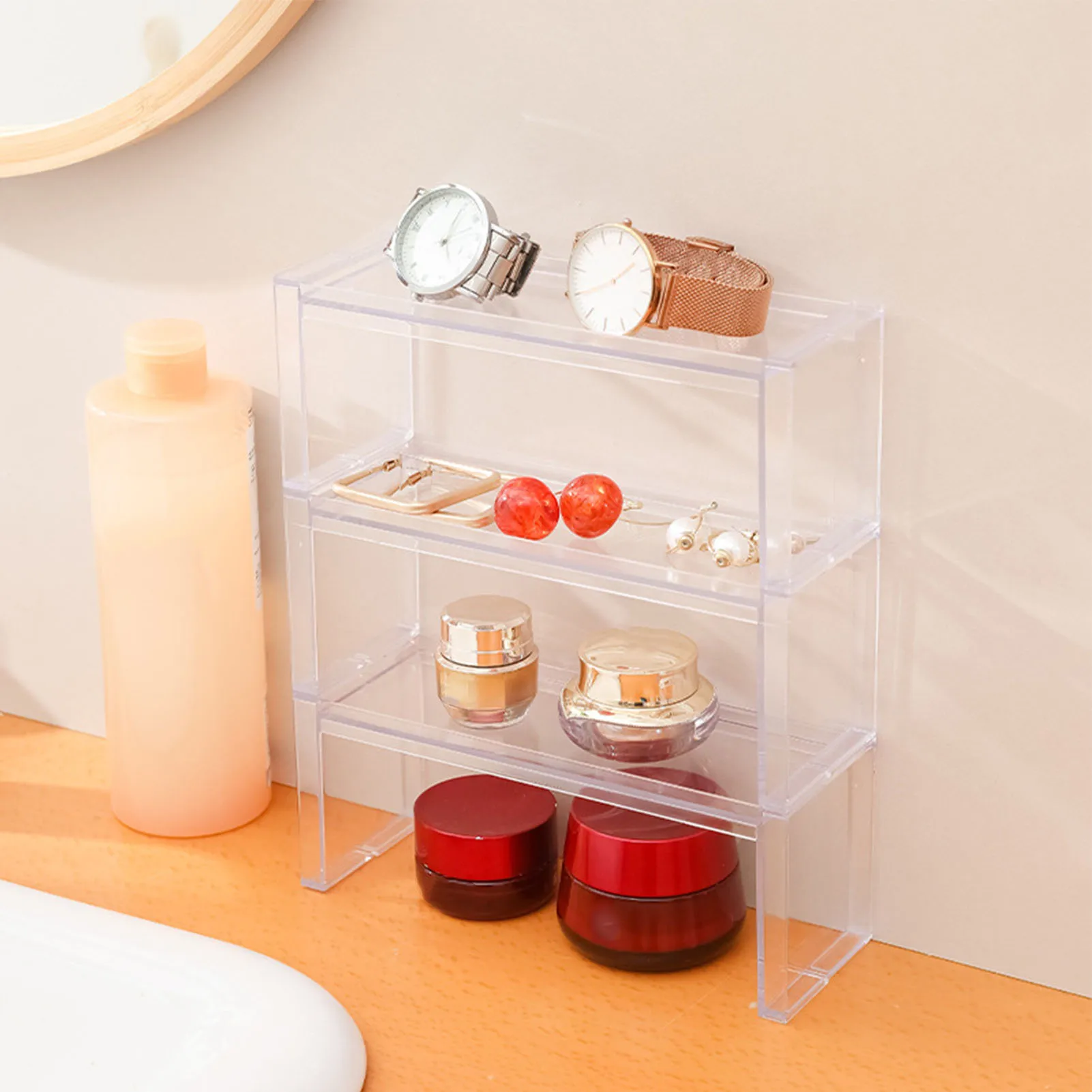 Desktop-Aufbewahrungsregal Schreibtisch-Organizer Transparentes Stapelbares Plastik-Displayregal für Kosmetik Figuren Puppen
