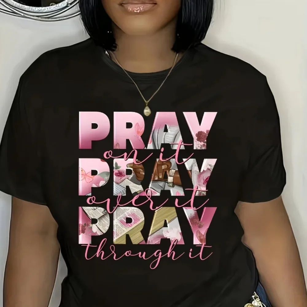 

Женская повседневная футболка с круглым вырезом, «Pray It Pray It Get Through It» с цитатой и цветочными буквами, белая, свободная посадка