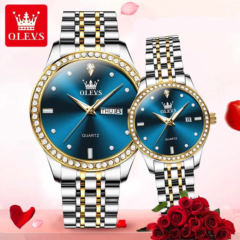 OLEVS-Montre à quartz étanche pour hommes et femmes, diamant, mode de luxe, couple romantique, marque originale, ignorer