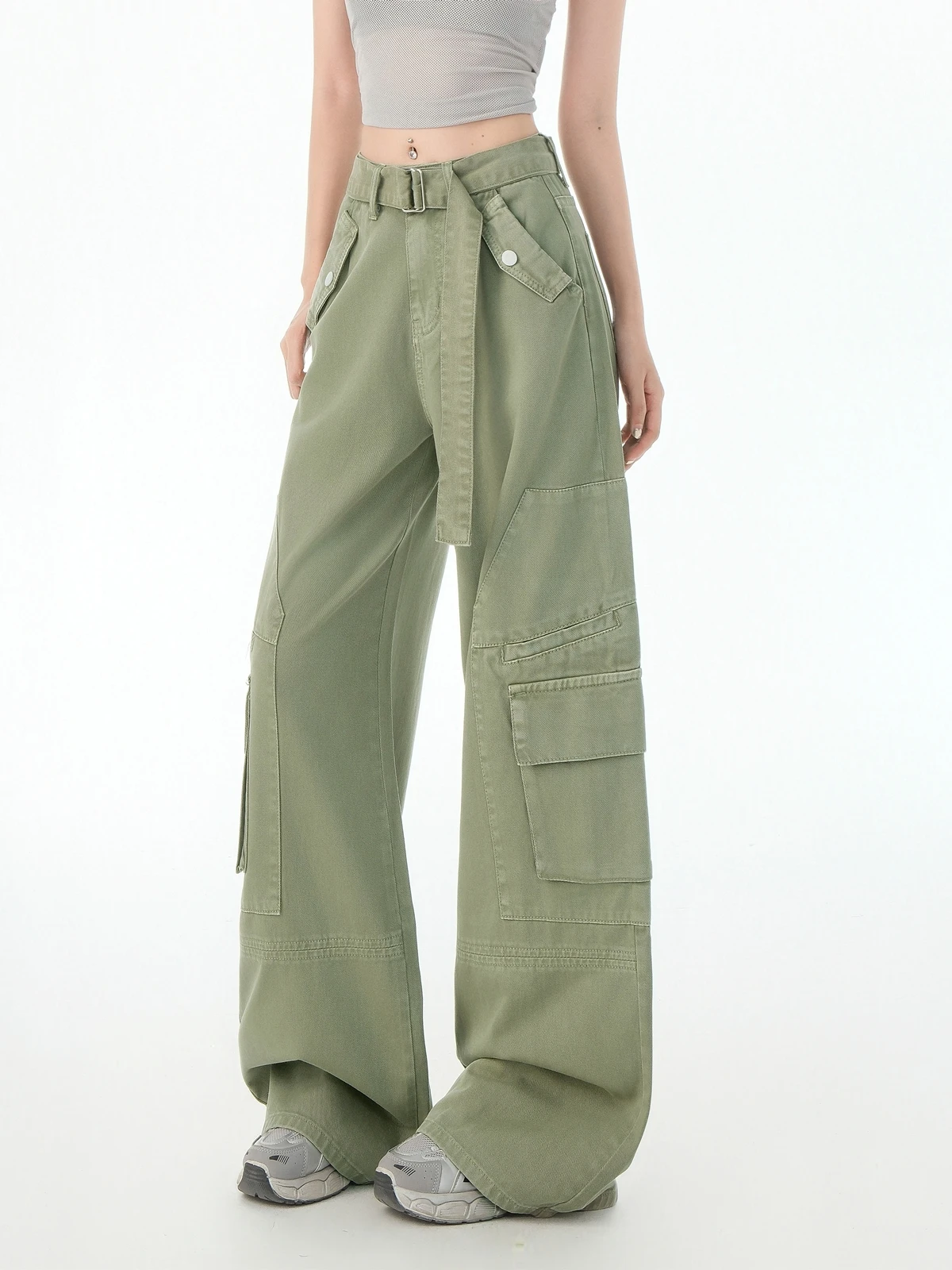 Zhisilao casual carga jeans feminino sólido verde bolso verde perna larga calças de carga reta verão 2025 streetwear