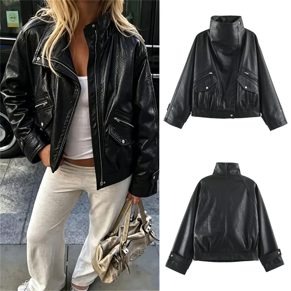 Guobioziy Women's Jacket 2026 Fall/Winter New Fashion Long-Sleeve Stand Collar Leather-Feel Biker Jacket