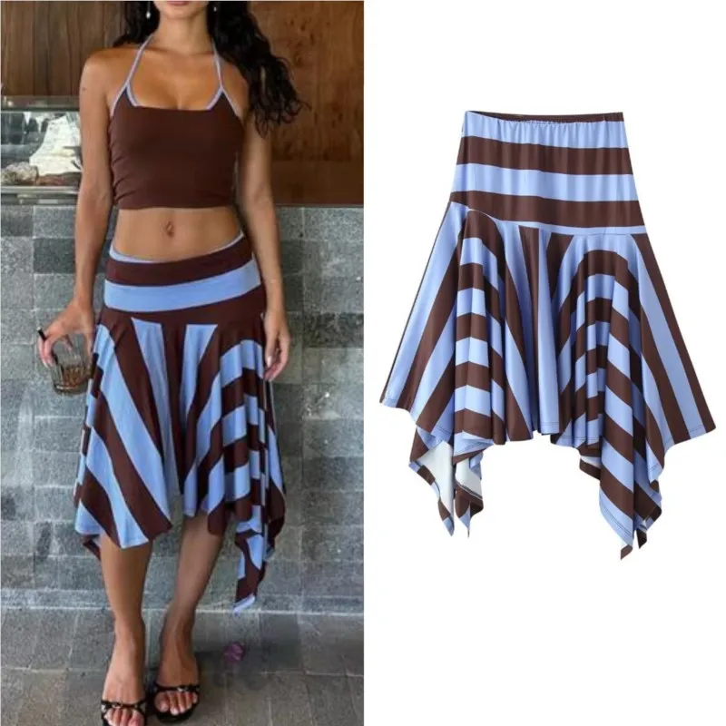 Women's 2026 Striped Print Skirt Summer New Elastic Waist Asymmetry Hem Skirts Fashion Casual Vacation Female Skirts