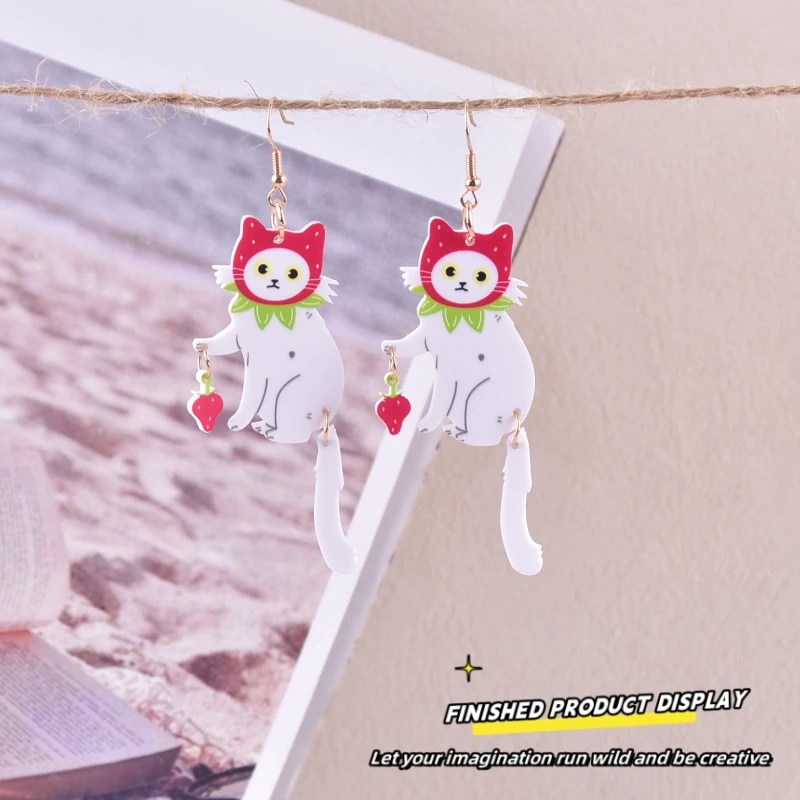 6pcs Cute and Interesting Strawberry Cat Acrylic Charms for Earring Keychain DIY Decoration Fashion Jewelry Accessories