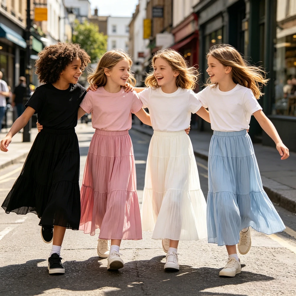 

Girls Tiered A Line Midi Skirt Elastic Waist Pleated Casual Flowy Long Skirt for Kids School Daily Summer Beach Vacation Skirts