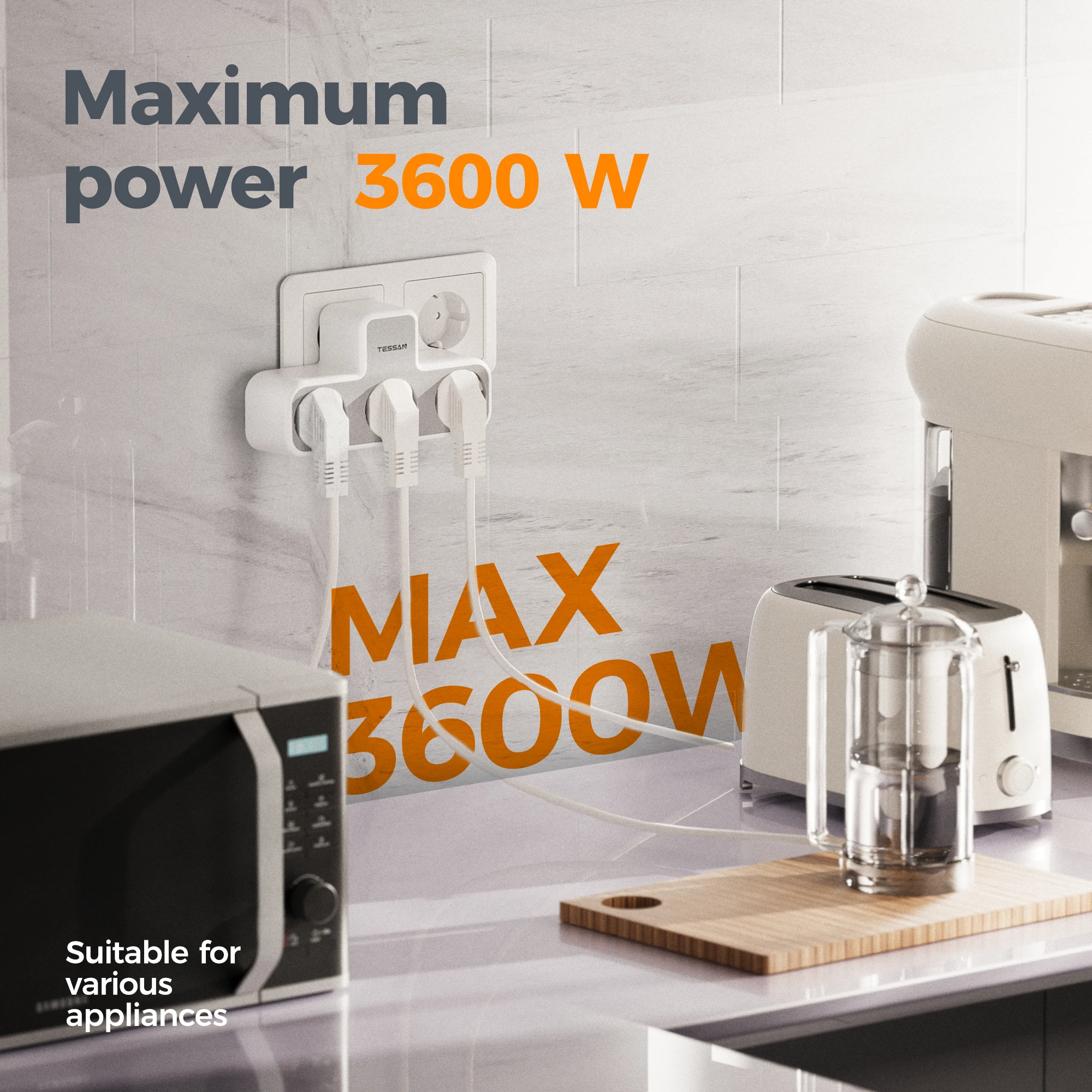Adaptador de enchufe múltiple TESSAN con 3 salidas, extensor de enchufe europeo de 3600W con protección contra sobrecarga para el hogar y la Oficina