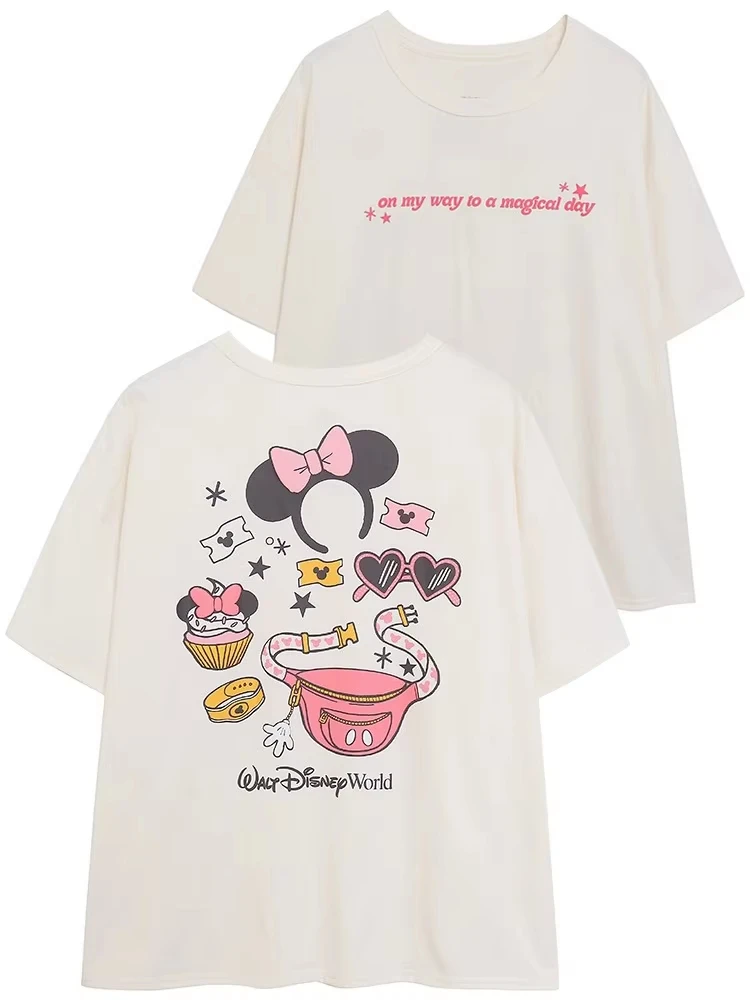 

2025 World Castle Letters Front Back Minnie Mickey Mouse Cartoon Print T-Shirt Women's Short Sleeve T-Shirt O-Neck Top