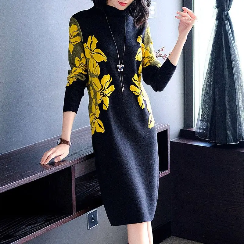 

Autumn Dress Women 2024 New Knitting Sweater Half High O-Neck Long Sleeve Knee-Length Printed Slim Dresses Female Clothes B123